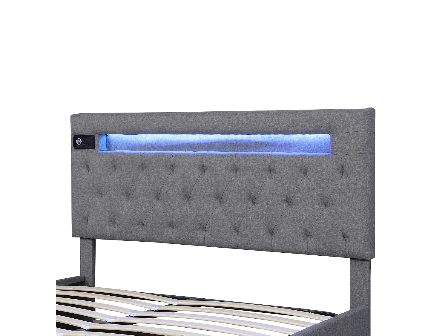Opbergbed 140x200 cm, tweepersoonsbed met LED, USB en Bluetooth, in modern grijs fluweel, verstelbaar hoofdeinde, opbergruimte