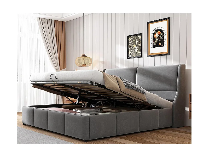 Cama de arrumação com cabeceira - 180 x 200 cm - veludo - base de ripas - estilo escandinavo - branco