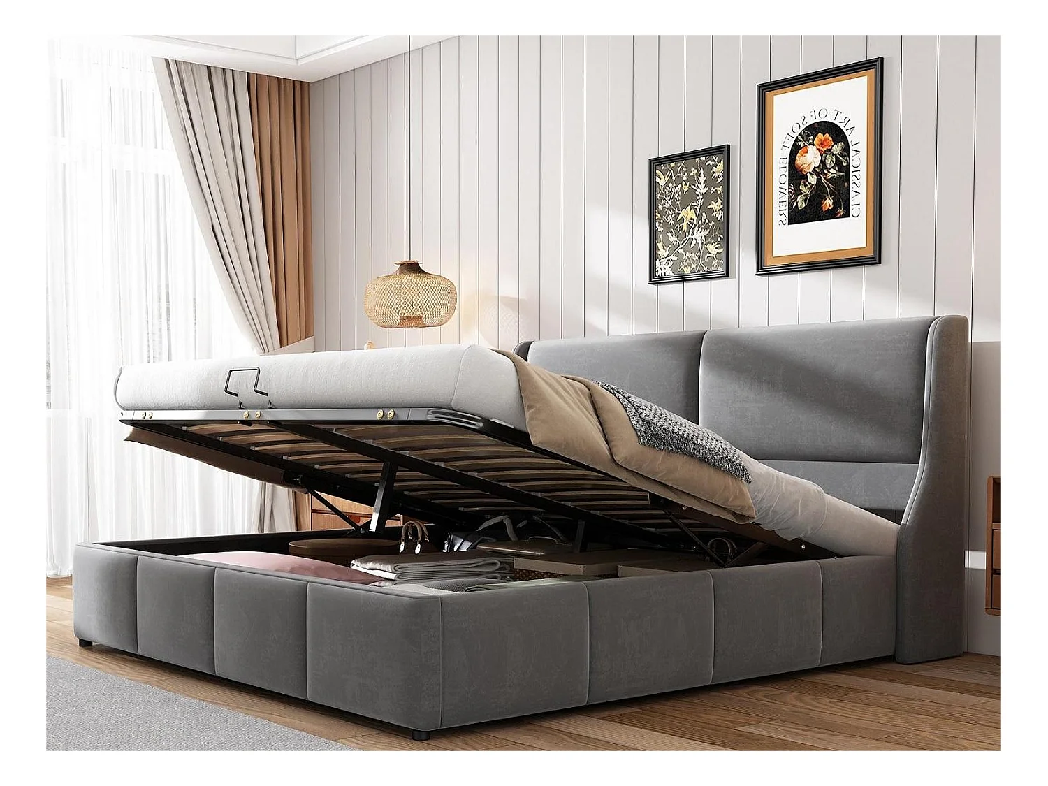 Lit coffre avec tête de lit - 180 x 200 cm - velours - sommier à lattes - style scandinave - blanc