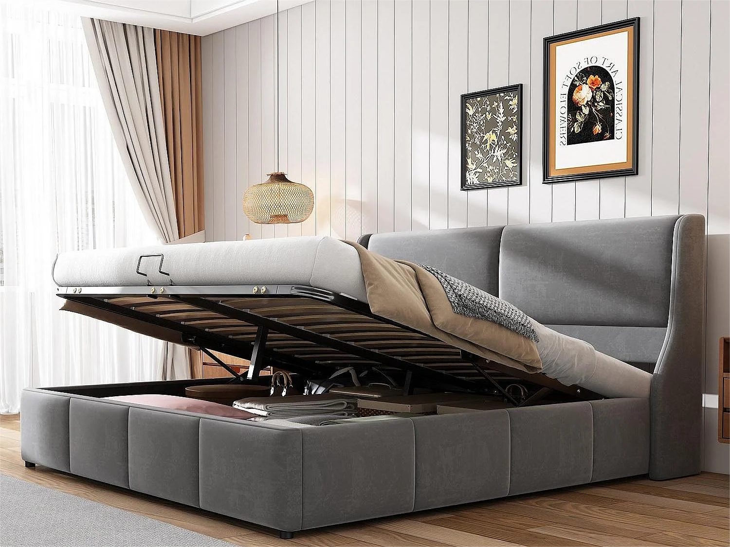 Opbergbed met hoofdeinde - 180 x 200 cm - fluweel - lattenbodem - Scandinavische stijl - wit