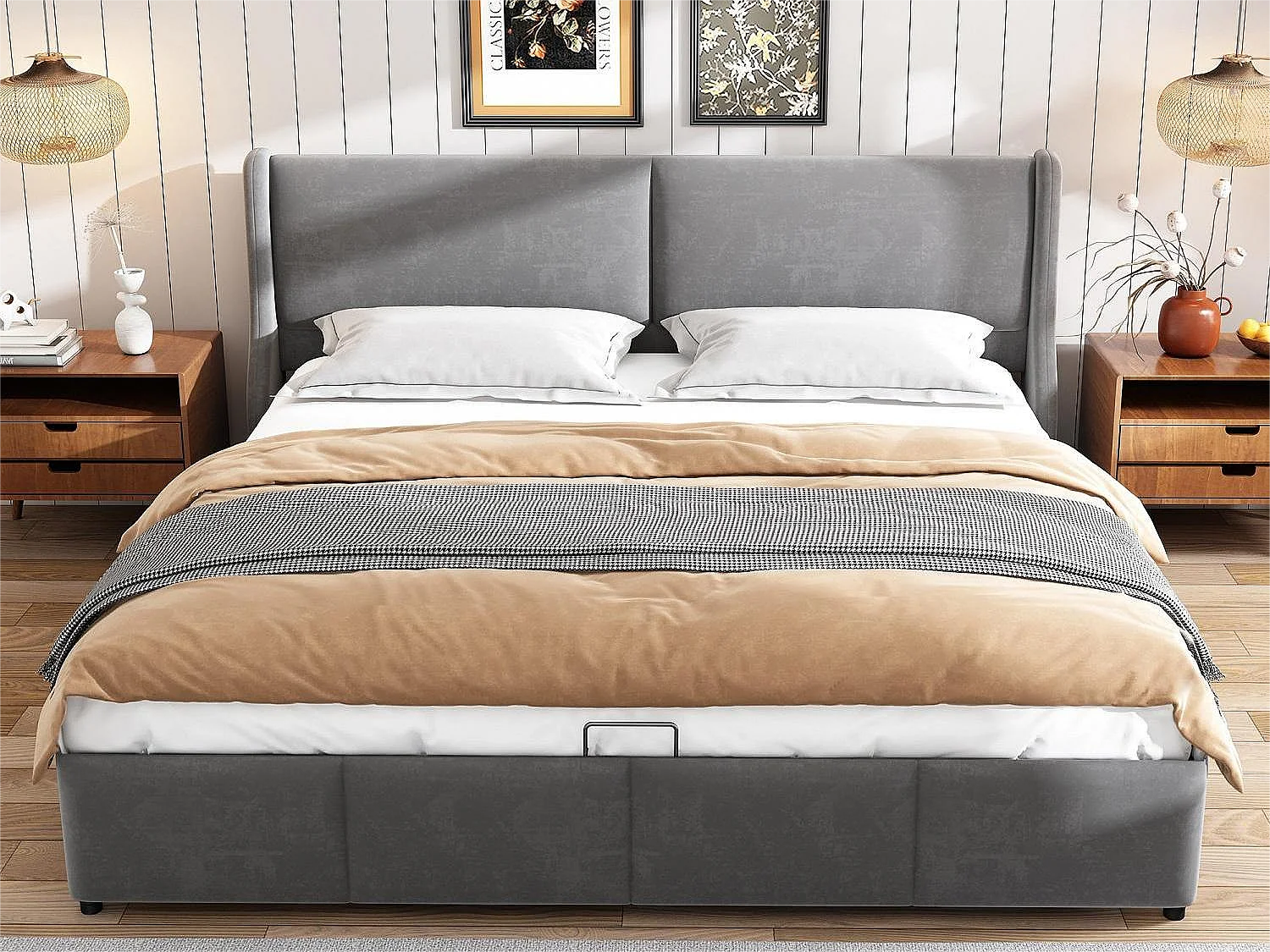 Opbergbed met hoofdeinde - 180 x 200 cm - fluweel - lattenbodem - Scandinavische stijl - wit