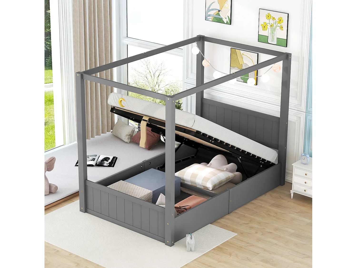 Bett mit Stauraum 90 x 200 cm, Einzel-Himmelbett, Gestell aus Kiefernholz, Lattenrost und Stauraum inklusive, Grau
