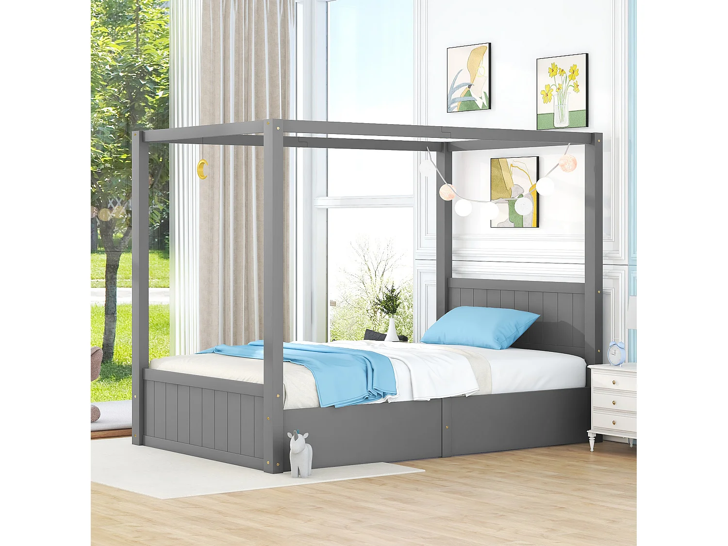 Bett mit Stauraum 90 x 200 cm, Einzel-Himmelbett, Gestell aus Kiefernholz, Lattenrost und Stauraum inklusive, Grau