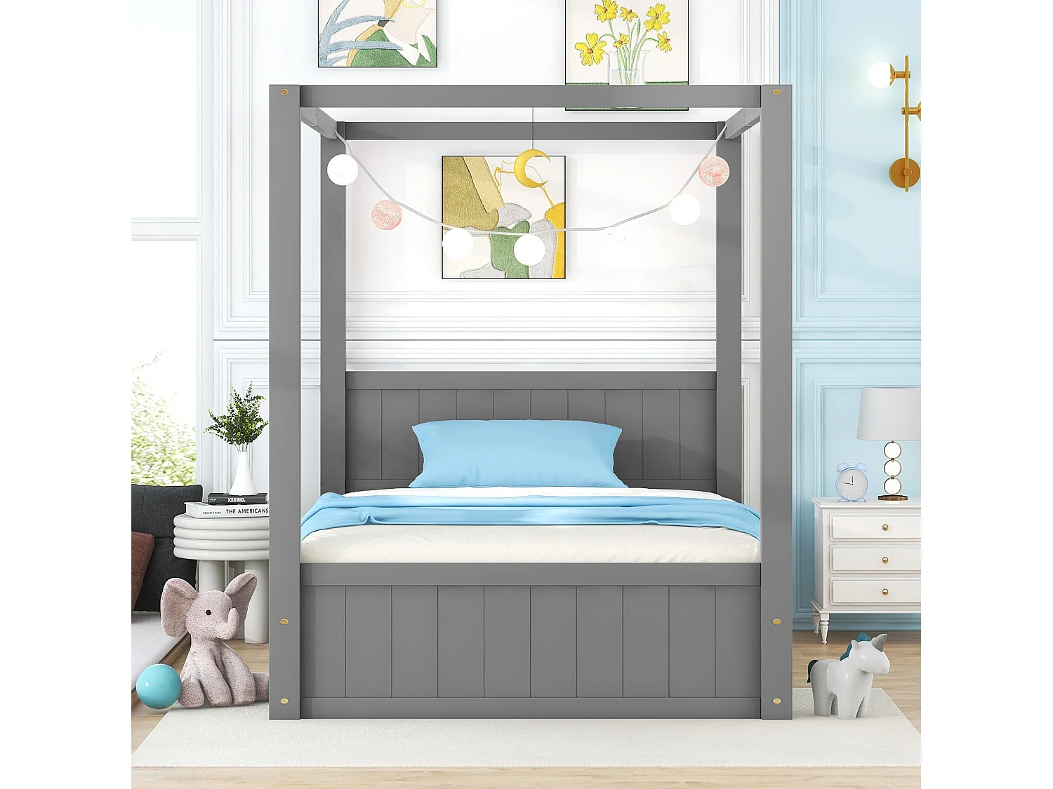 Bett mit Stauraum 90 x 200 cm, Einzel-Himmelbett, Gestell aus Kiefernholz, Lattenrost und Stauraum inklusive, Grau