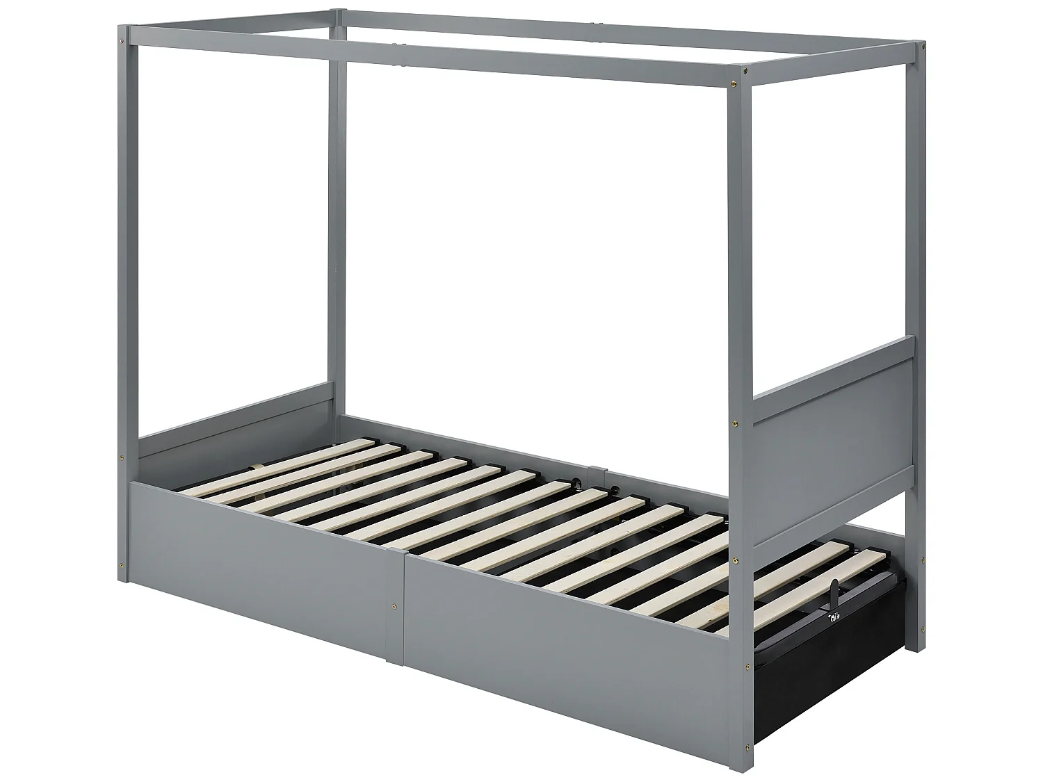 Bett mit Stauraum 90 x 200 cm, Einzel-Himmelbett, Gestell aus Kiefernholz, Lattenrost und Stauraum inklusive, Grau