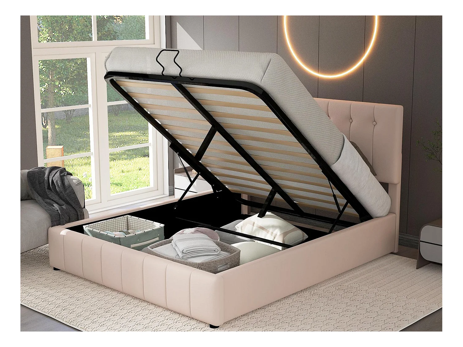 Lit coffre avec tête de lit réglable - 140 x 200 cm - velours - sommier à lattes - style scandinave - beige