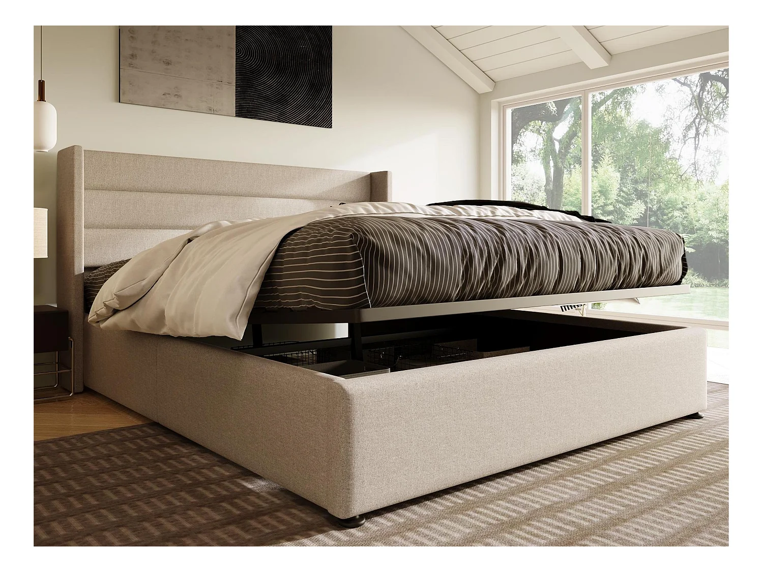 Lit coffre avec tête de lit et rangement - 180 x 200 cm - tissu lin - sommier à lattes - style contemporain - beige