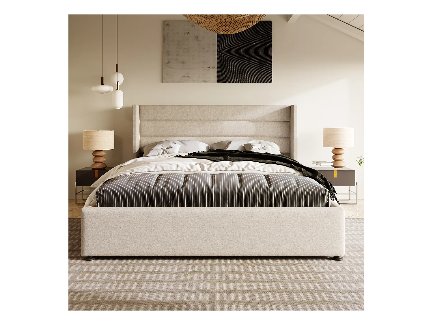 Lit coffre avec tête de lit et rangement - 180 x 200 cm - tissu lin - sommier à lattes - style contemporain - beige