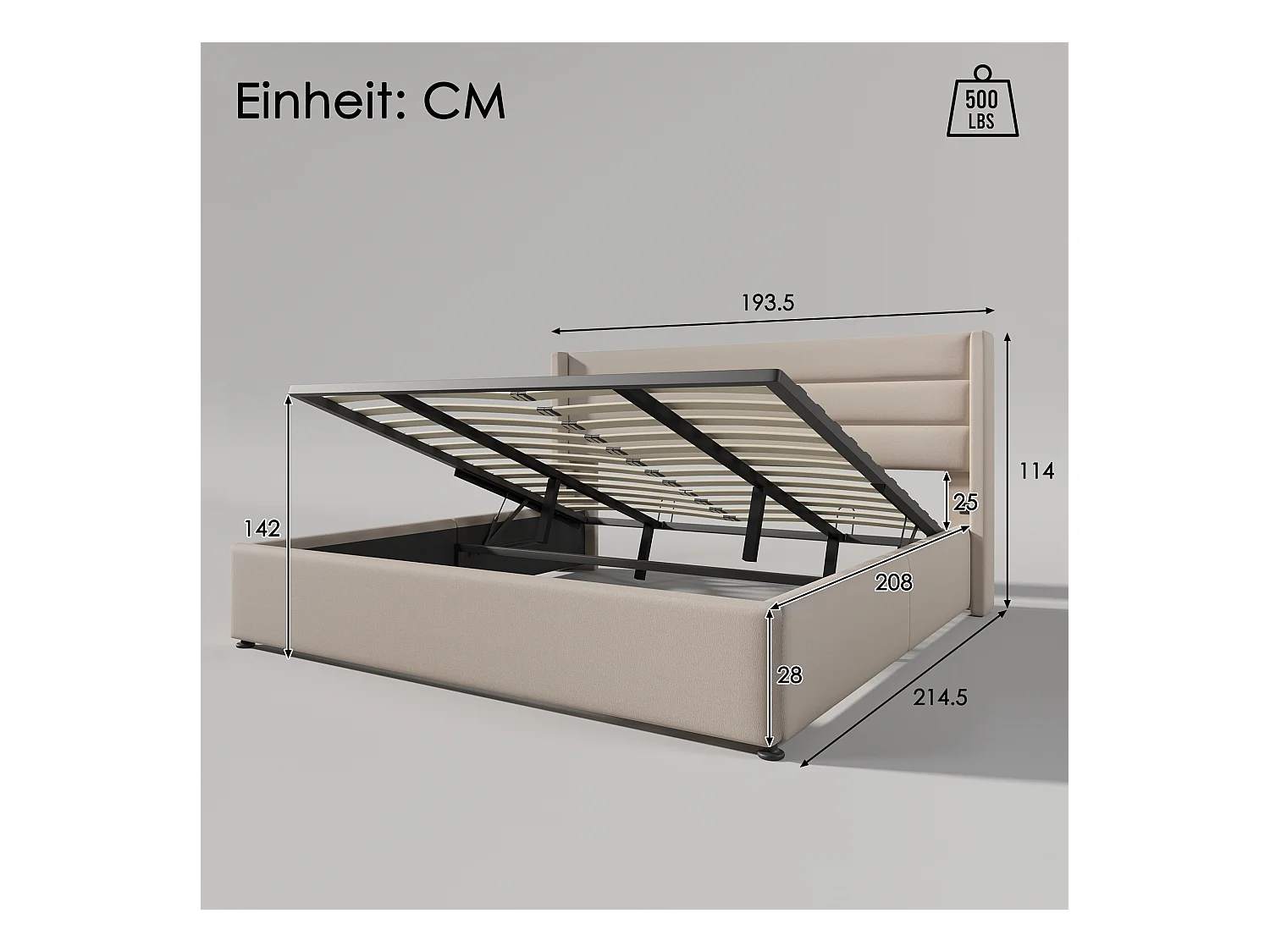 Opbergbed met hoofdeinde en opbergruimte - 180 x 200 cm - linnenstof - lattenbodem - eigentijdse stijl - beige