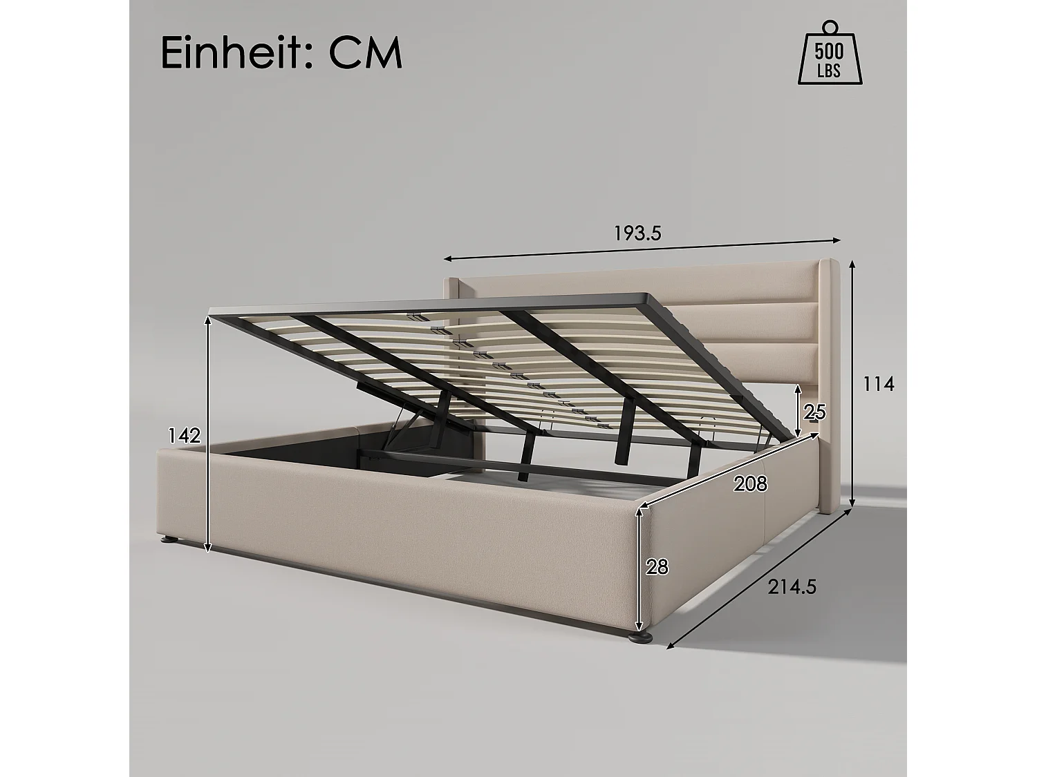 Opbergbed met hoofdeinde en opbergruimte - 180 x 200 cm - linnenstof - lattenbodem - eigentijdse stijl - beige