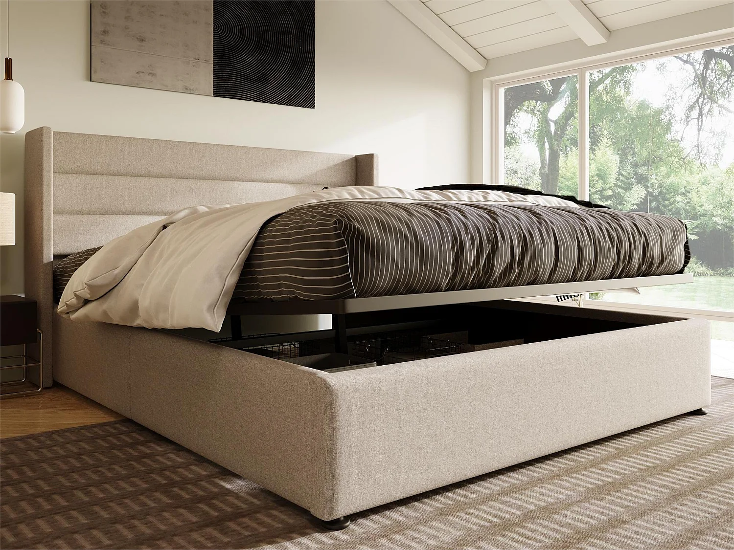 Lit coffre avec tête de lit et rangement - 180 x 200 cm - tissu lin - sommier à lattes - style contemporain - beige