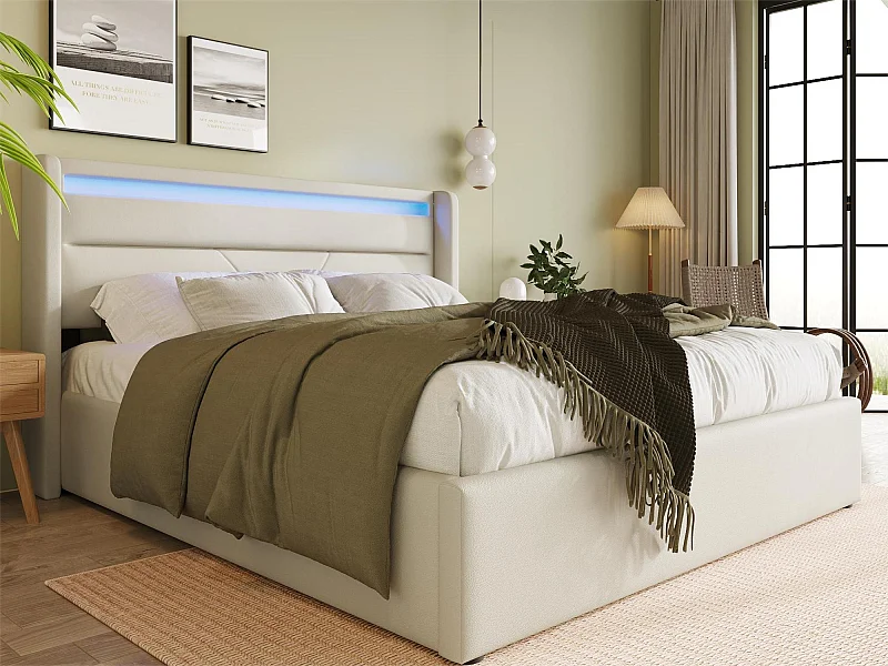 Łóżko ze schowkiem - 160 x 200 cm - skóra ekologiczna - oświetlenie LED - stelaż listwowy - białe