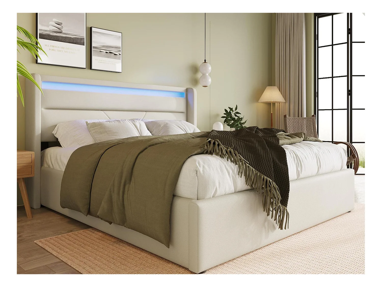 Lit coffre avec rangement - 160 x 200 cm - cuir pu - éclairage led - sommier à lattes - blanc