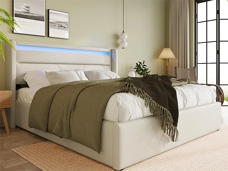Bettkasten mit Stauraum – 160 x 200 cm – Kunstleder – LED-Beleuchtung – Lattenrost – Weiß
