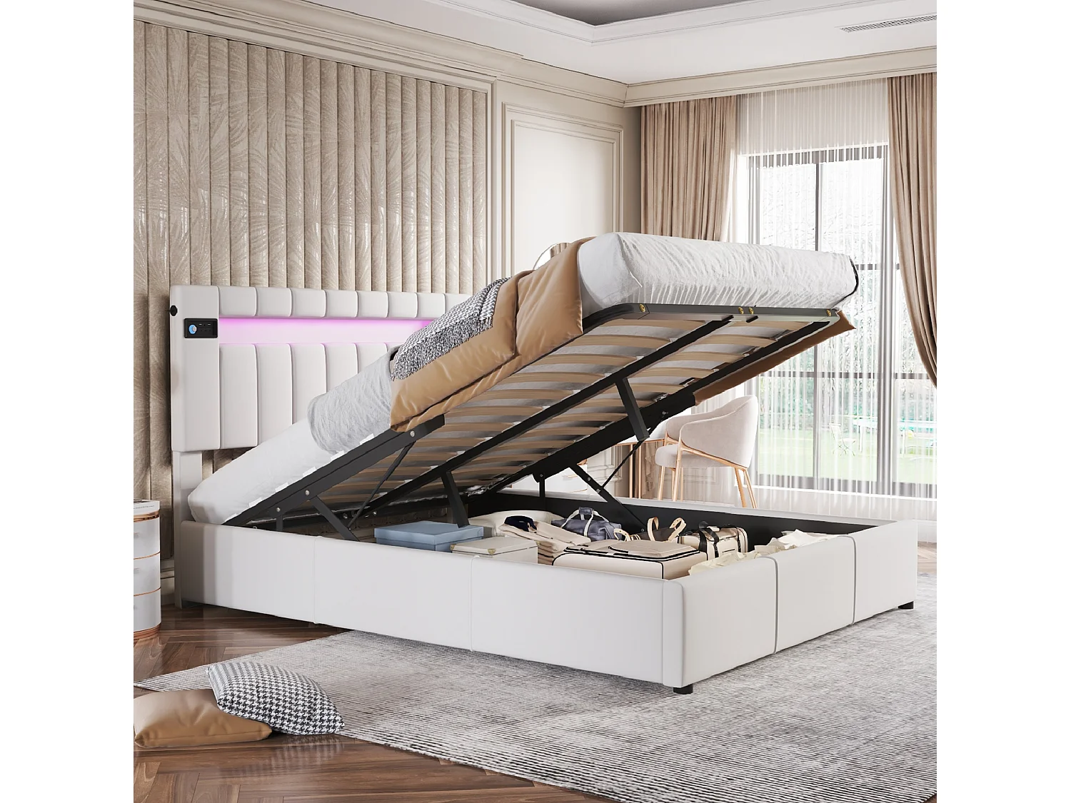 Lit coffre avec rangement - 140 x 200 cm - velours - bluetooth, led et usb - sommier à lattes - beige