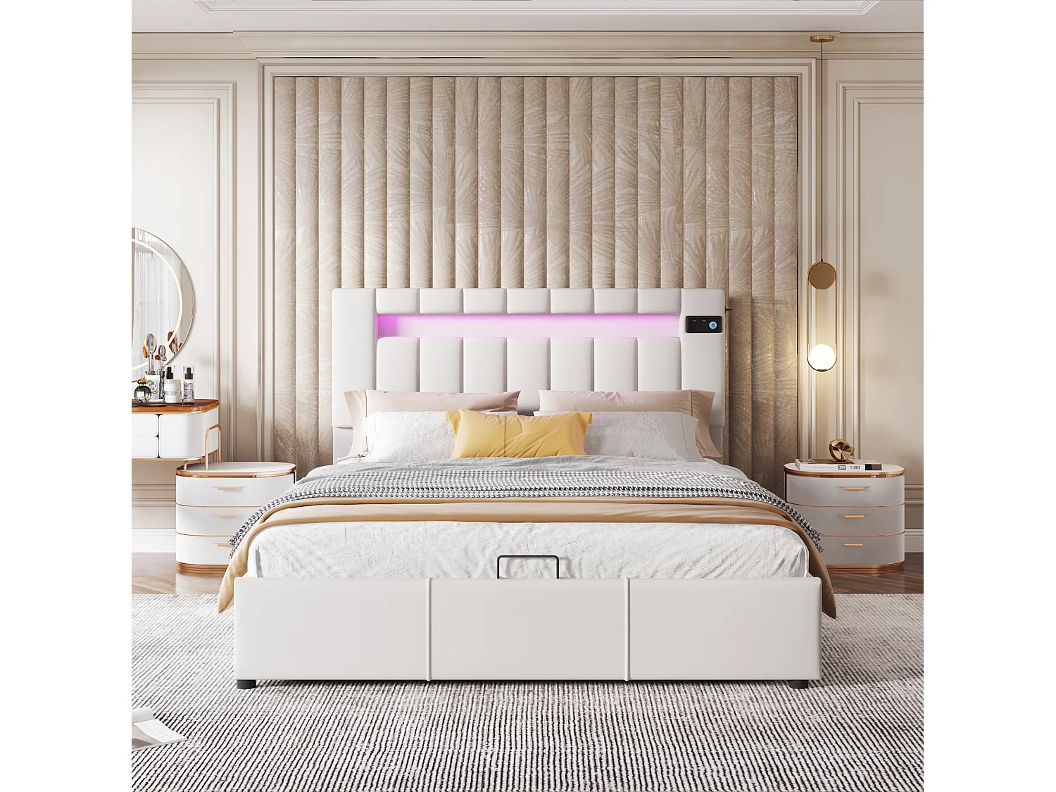 Lit coffre avec rangement - 140 x 200 cm - velours - bluetooth, led et usb - sommier à lattes - beige