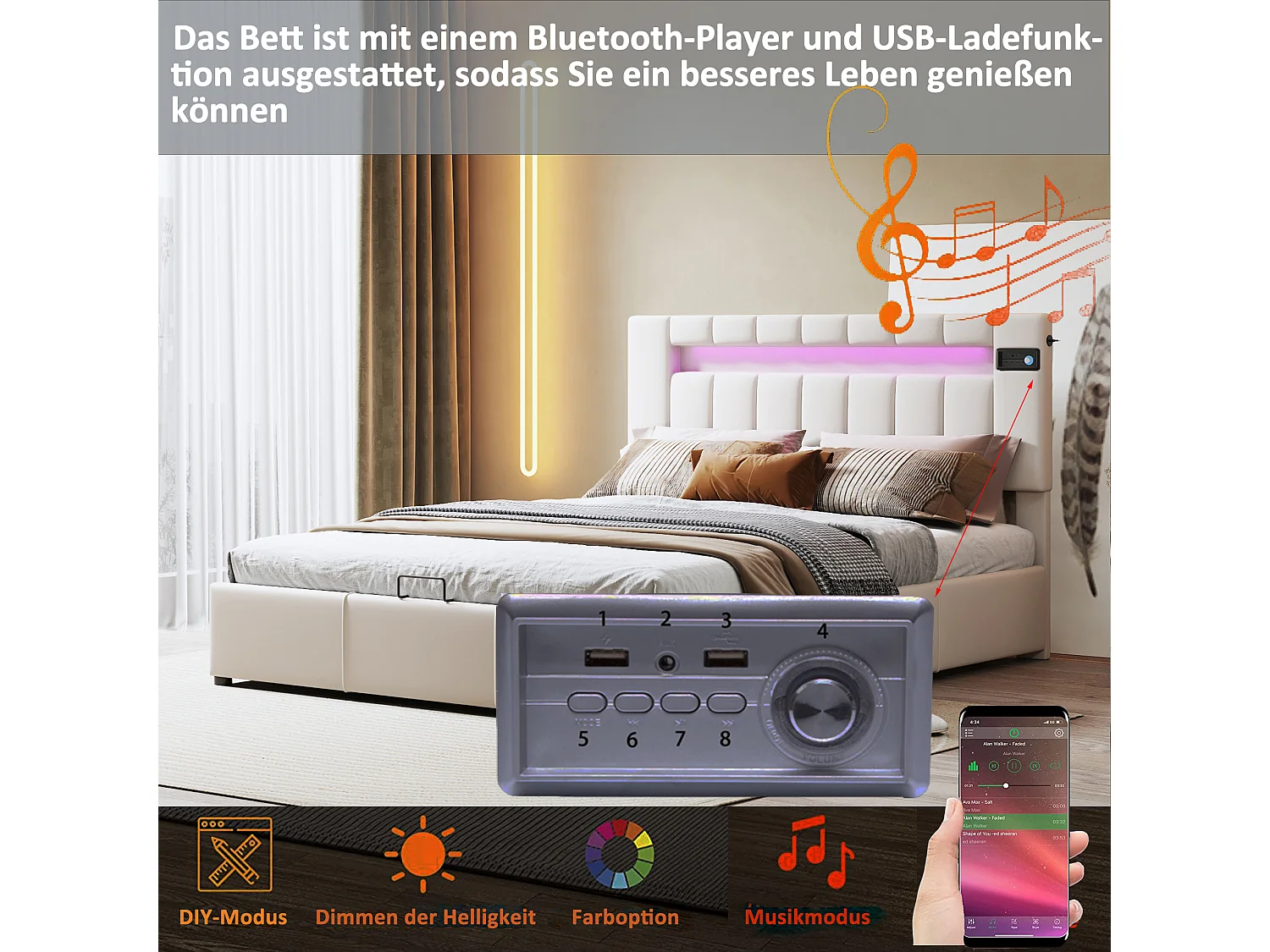 Lit coffre avec rangement - 140 x 200 cm - velours - bluetooth, led et usb - sommier à lattes - beige