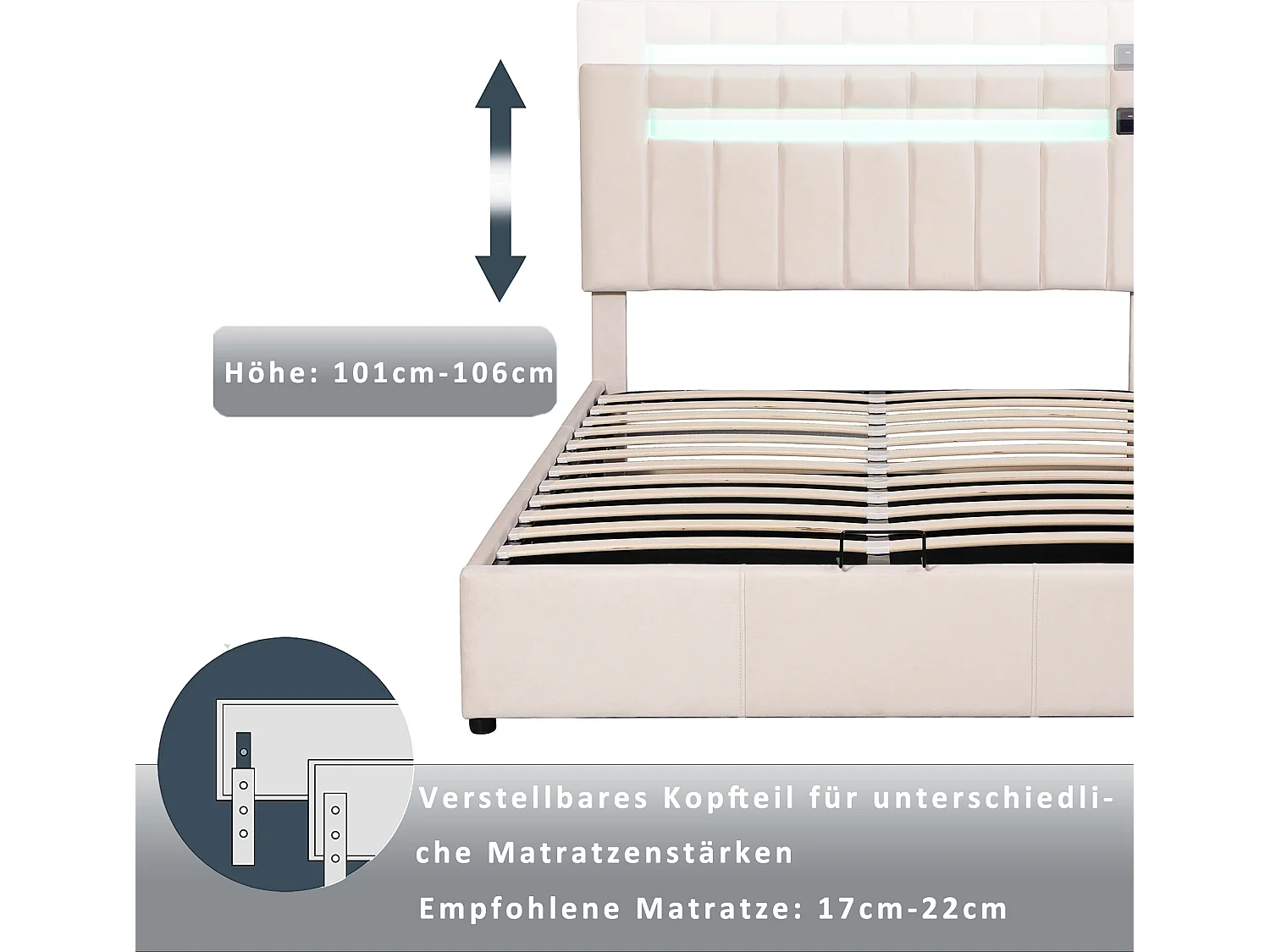 Lit coffre avec rangement - 140 x 200 cm - velours - bluetooth, led et usb - sommier à lattes - beige