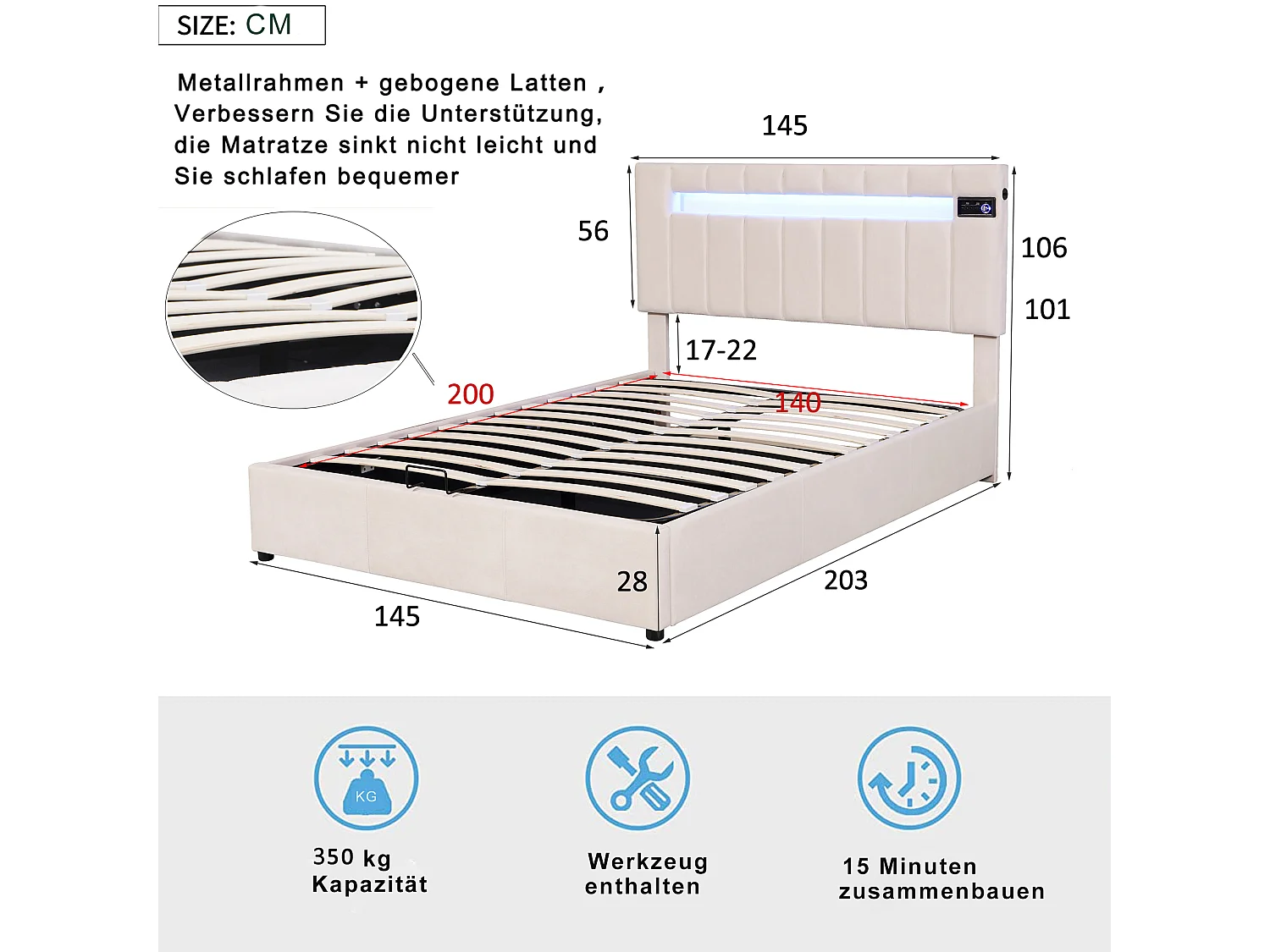Lit coffre avec rangement - 140 x 200 cm - velours - bluetooth, led et usb - sommier à lattes - beige