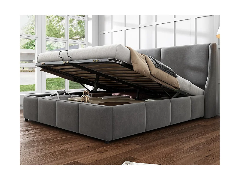 Stauraumbett mit Kopfteil – 140 x 200 cm – Samt – Lattenrost – moderner Stil – Grau