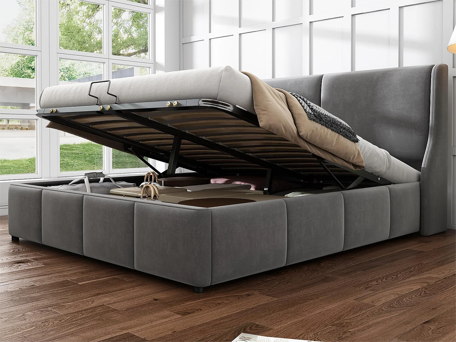 Stauraumbett mit Kopfteil – 140 x 200 cm – Samt – Lattenrost – moderner Stil – Grau