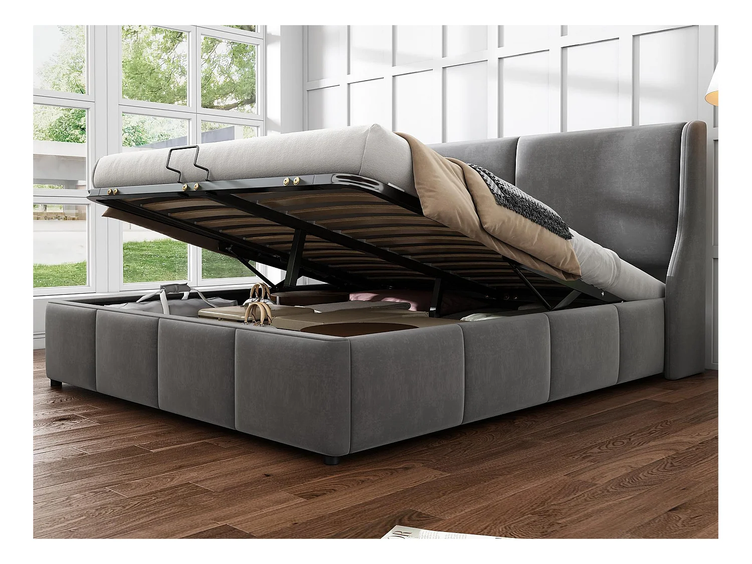 Lit coffre avec tête de lit - 140 x 200 cm - velours - sommier à lattes - style contemporain - gris
