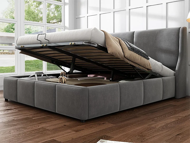 Stauraumbett mit Kopfteil – 140 x 200 cm – Samt – Lattenrost – moderner Stil – Grau