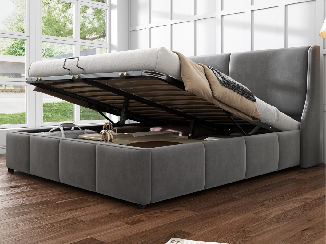 Lit coffre avec tête de lit - 140 x 200 cm - velours - sommier à lattes - style contemporain - gris