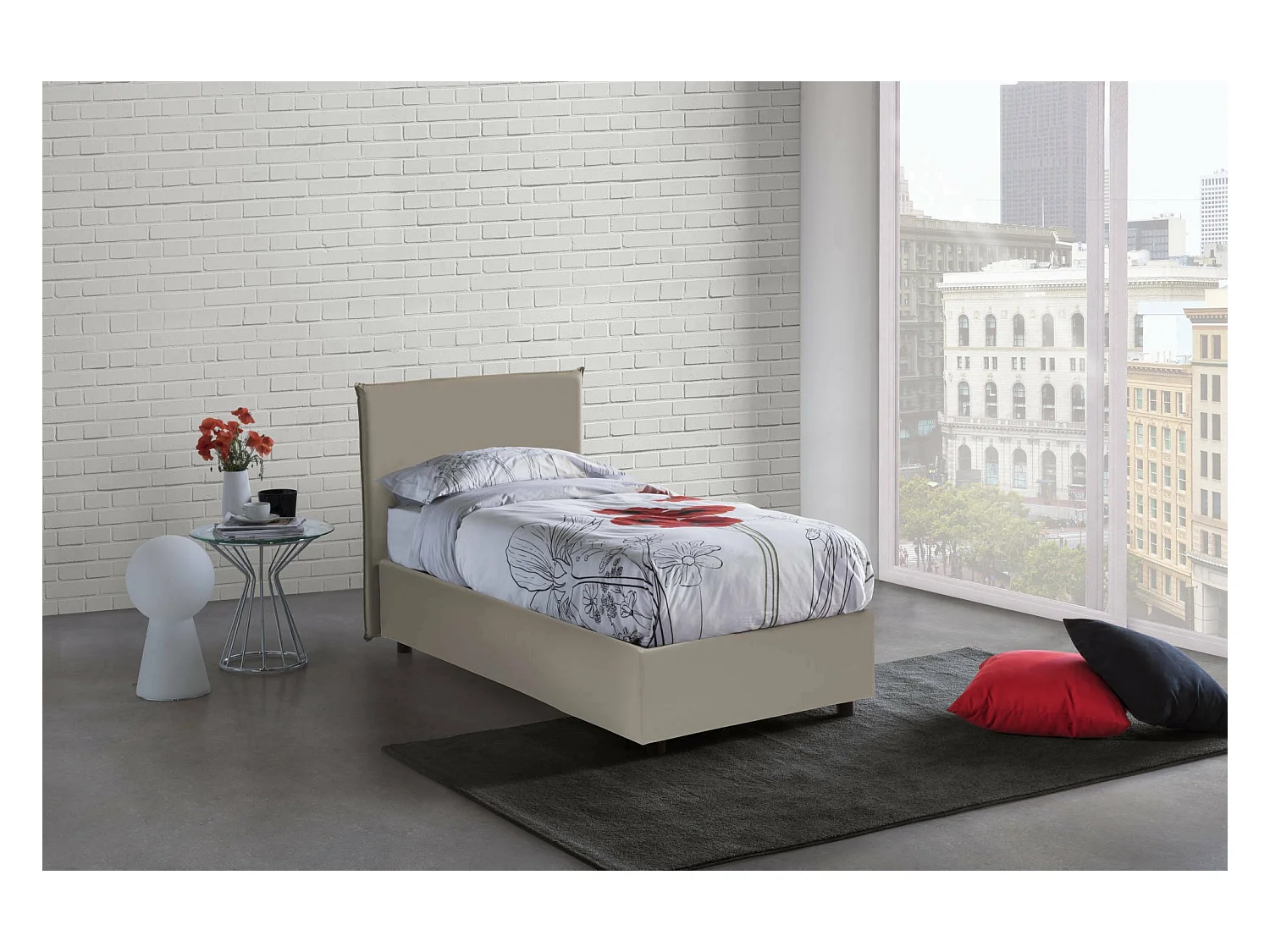 Lit simple Danton, Lit coffre avec revêtement en éco-cuir, 100% Made in Italy, Ouverture frontale, adapté pour matelas 80x190 cm, gris tourterelle