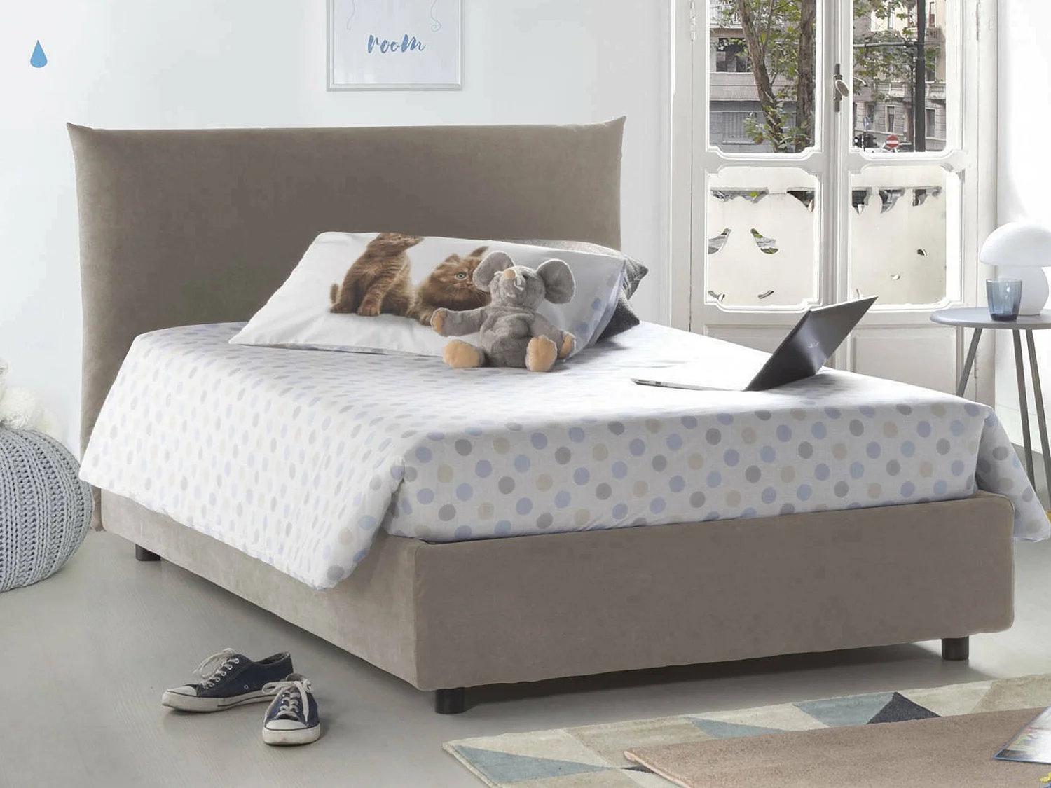 Lit double Dbranc, lit coffre avec revêtement en tissu, 100% Made in Italy, ouverture frontale, avec matelas 120x190 cm inclus, gris tourterelle