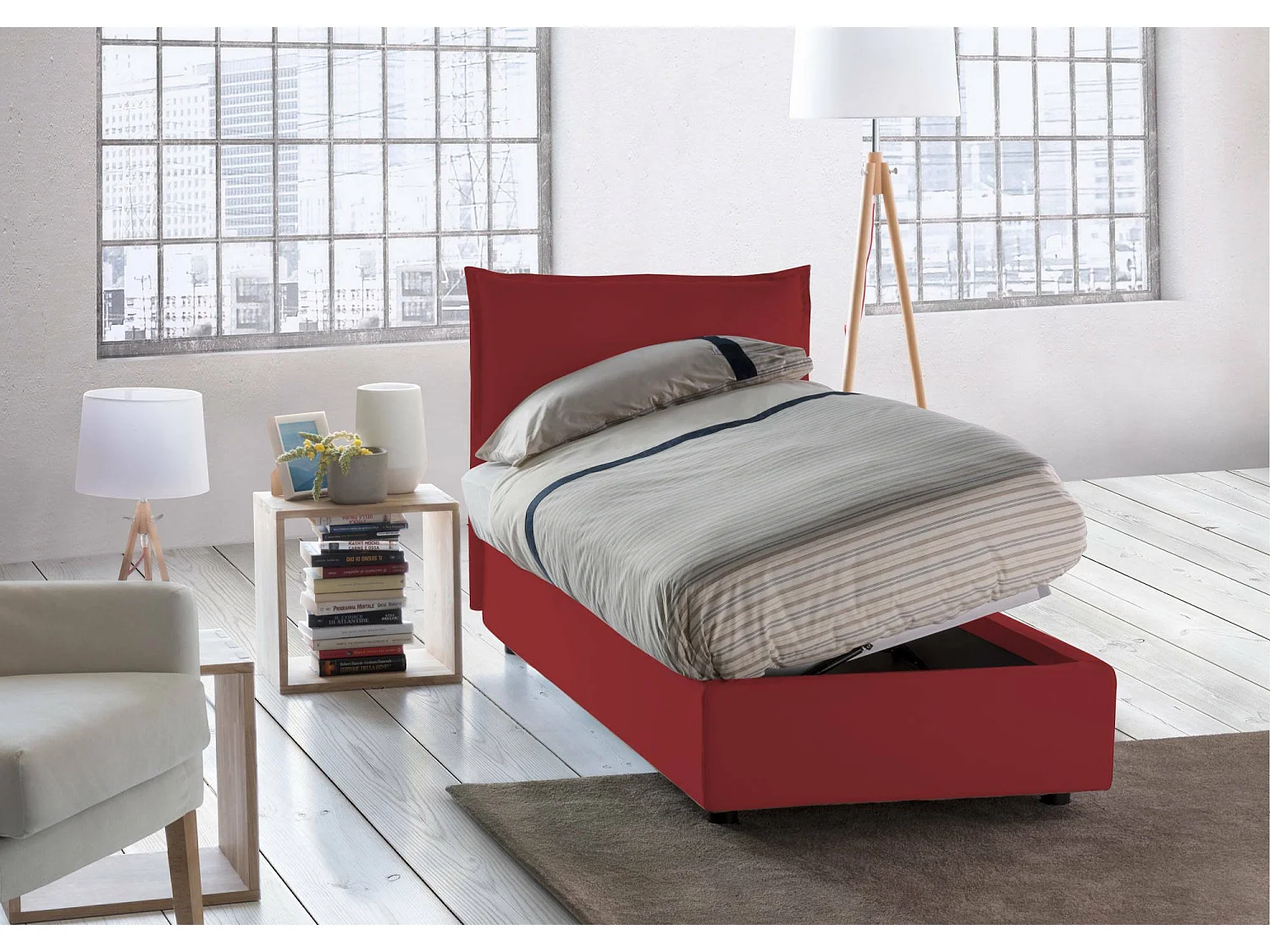 Dmangone eenpersoonsbed, Opbergbed met stoffen bekleding, 100% Made in Italy, Zijopening, inclusief matras van 80x190 cm, Rood