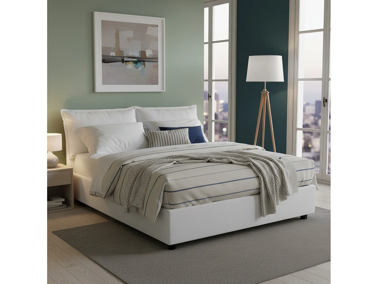 Lit double Dcarrar, Lit coffre avec revêtement en tissu, 100% Made in Italy, Ouverture frontale, avec matelas 160x190 cm inclus, Blanc