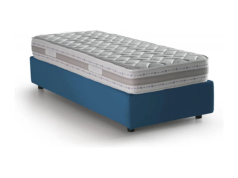 Cama individual Dmeol, Cama contenedor con revestimiento de tela, 100% Made in Italy, Apertura frontal, con colchón Cm 90x190 incluido, Azul