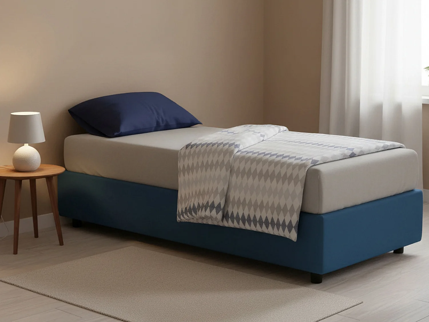 Lit simple Dmeol, Lit coffre avec revêtement en tissu, 100% Made in Italy, Ouverture frontale, avec matelas 90x190 cm inclus, Bleu