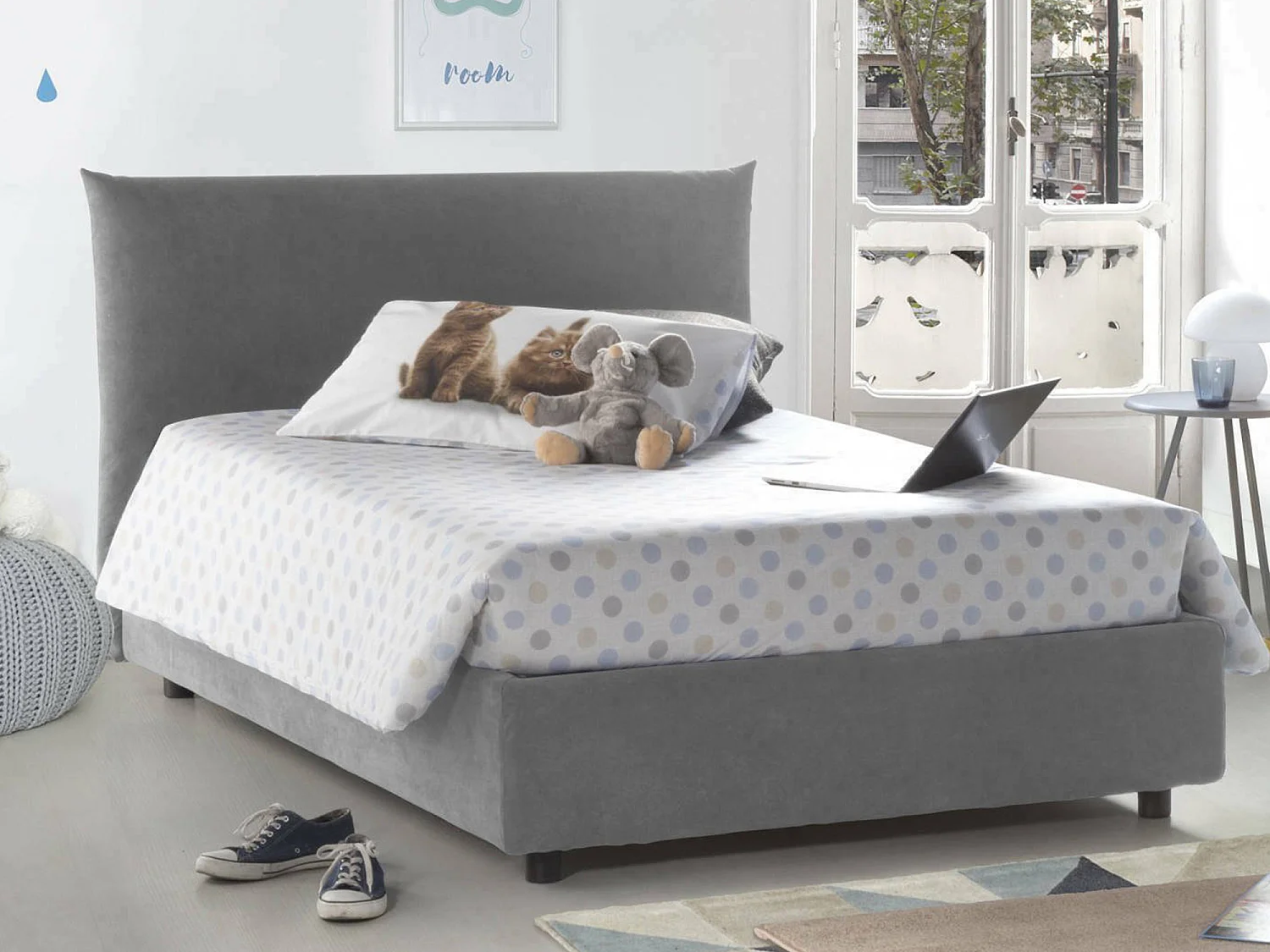 Lit double Dbranc, lit coffre avec revêtement en tissu, 100% Made in Italy, ouverture frontale, avec matelas 120x190 cm inclus, gris