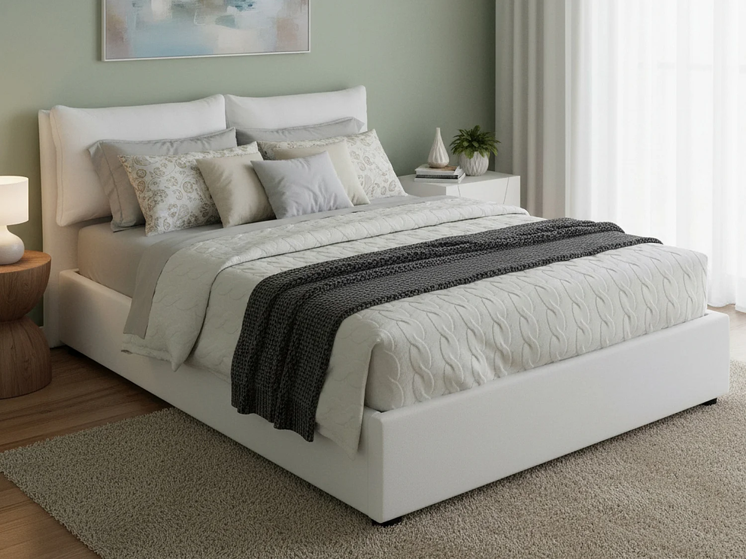 Dgalant tweepersoonsbed, Opbergbed met eco-lederen bekleding, 100% Made in Italy, Opening aan de voorkant, geschikt voor matras 160x190 cm, Wit