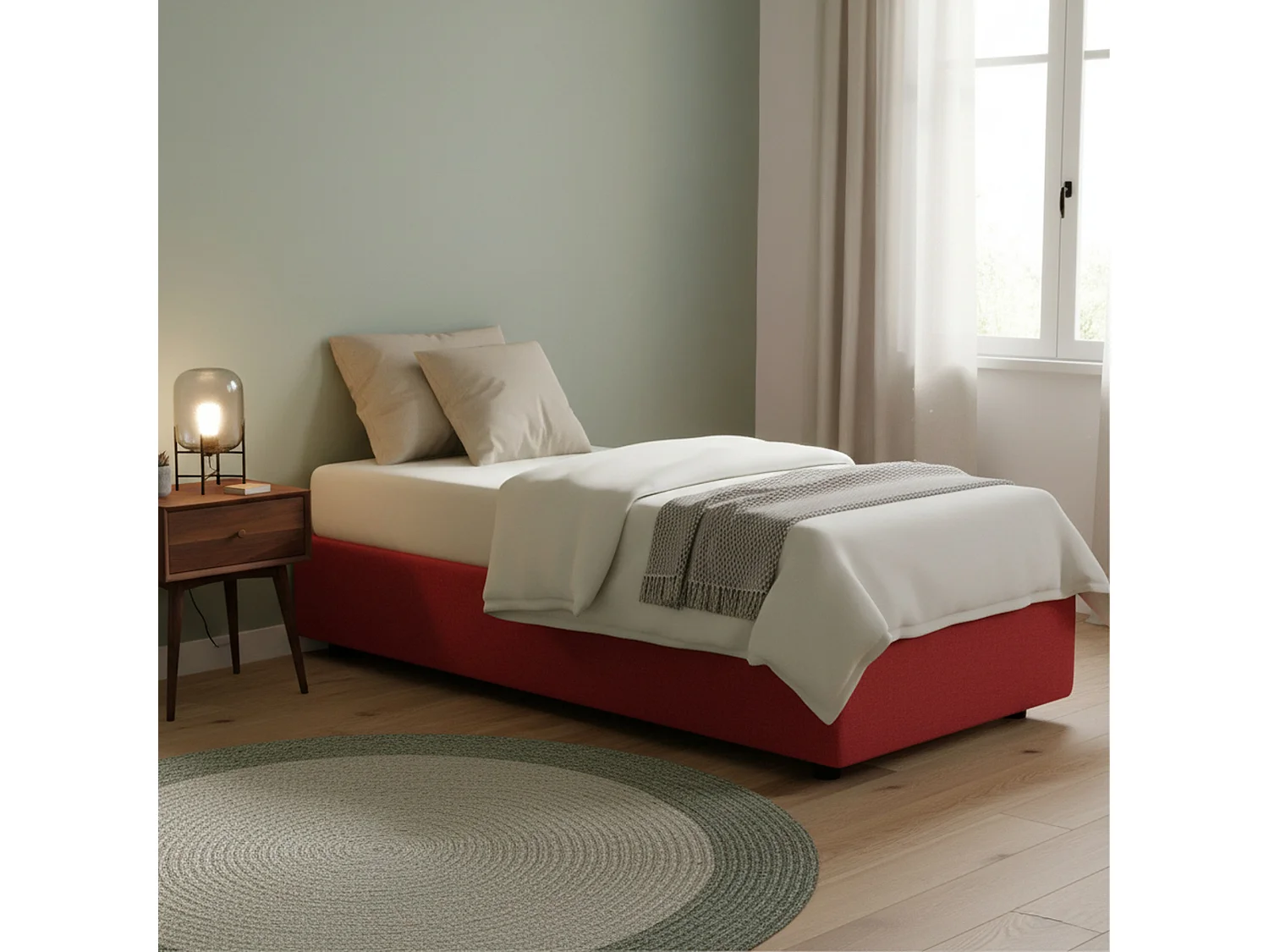 Lit simple Dmeol, Lit coffre avec revêtement en tissu, 100% Made in Italy, Ouverture frontale, avec matelas 90x190 cm inclus, Rouge