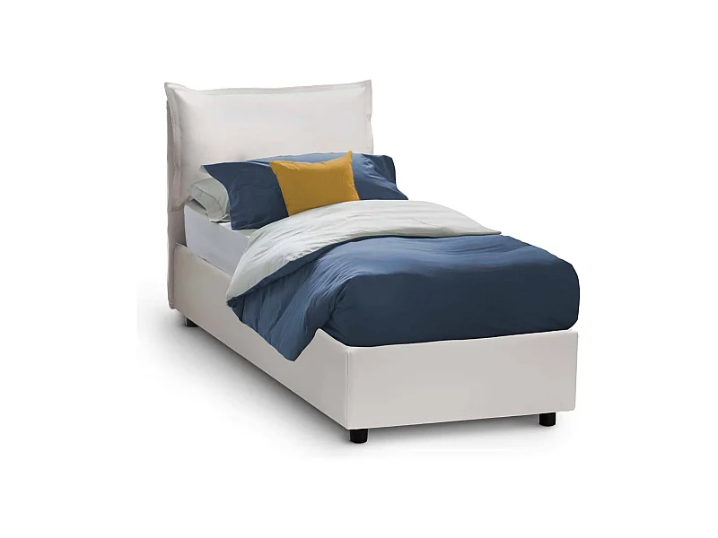 Lit simple Datzor, Lit coffre avec revêtement en éco-cuir, 100% Made in Italy, Ouverture frontale, avec matelas 90x190 cm inclus, Blanc