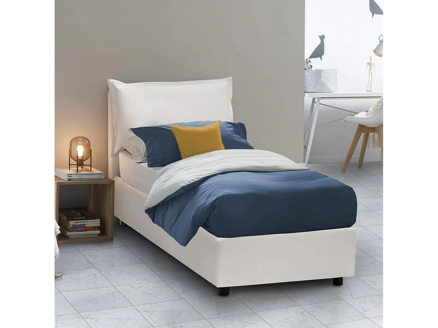 Lit simple Datzor, Lit coffre avec revêtement en éco-cuir, 100% Made in Italy, Ouverture frontale, avec matelas 90x190 cm inclus, Blanc