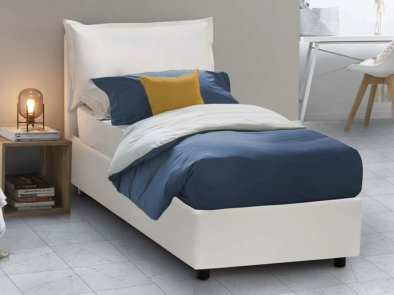 Lit simple Datzor, Lit coffre avec revêtement en éco-cuir, 100% Made in Italy, Ouverture frontale, avec matelas 90x190 cm inclus, Blanc