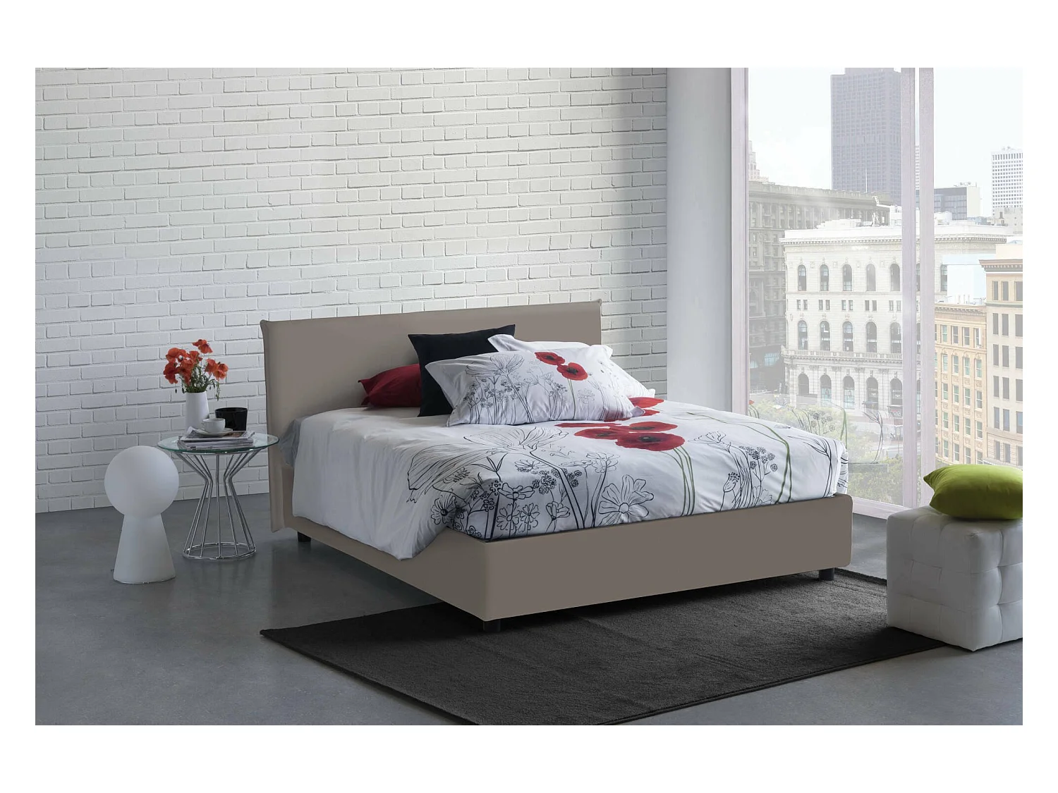 Lit double Dalberg, Lit coffre avec revêtement en éco-cuir, 100% Made in Italy, Ouverture frontale, avec matelas 140x200 cm inclus, Taupe