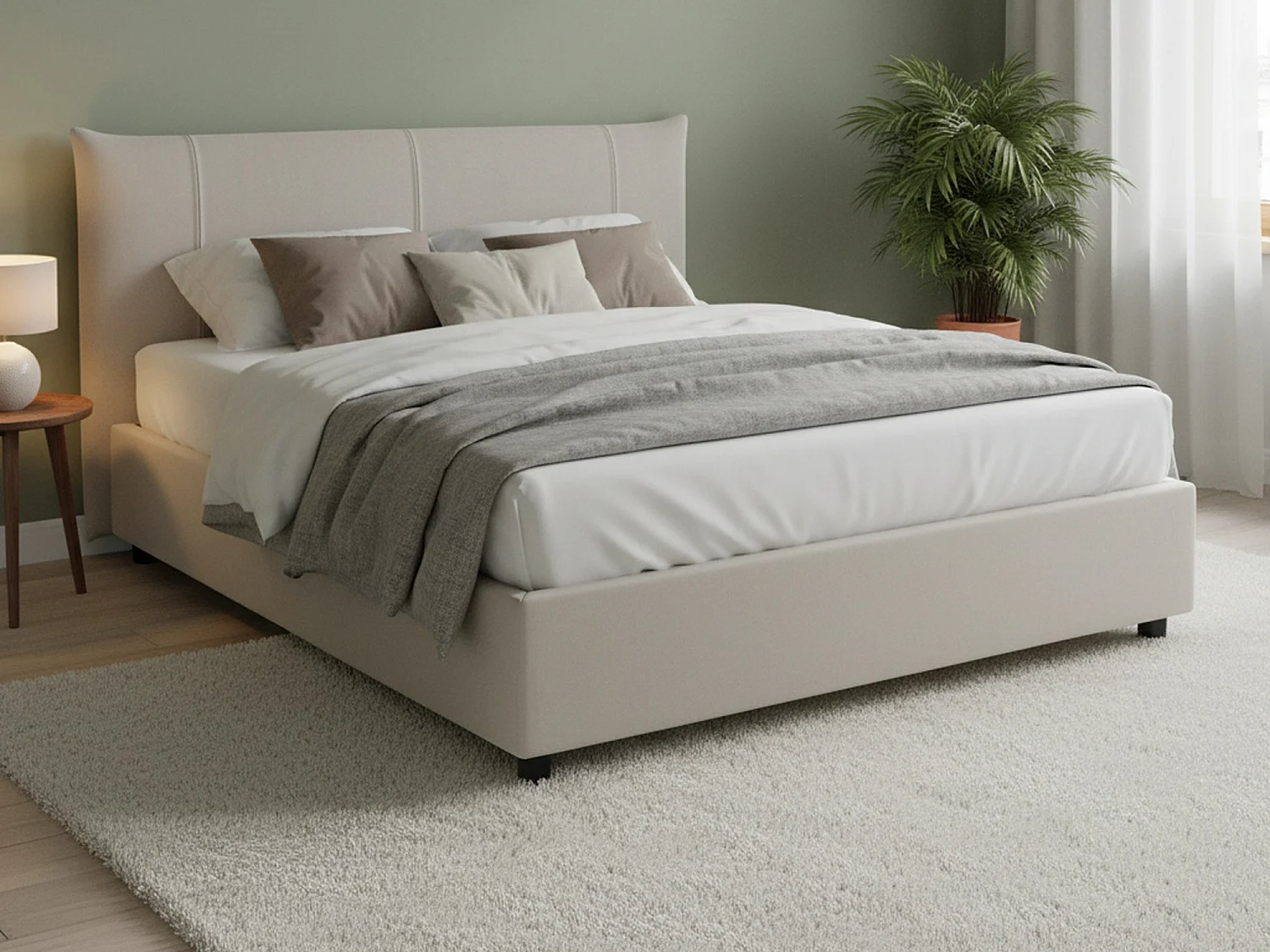 Cama de casal Dmerten, Cama de armazenamento com forro de tecido, 100% Fabricado na Itália, Abertura frontal, adequada para colchão de 160x200 cm, Branco