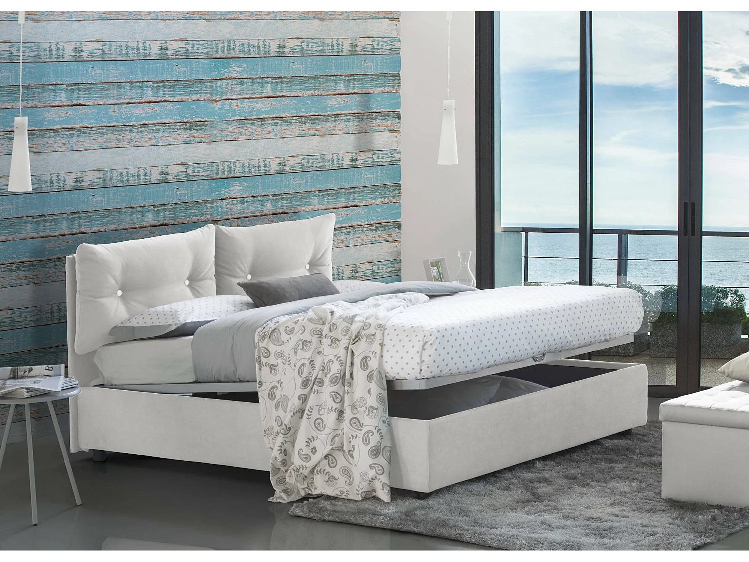 Dlucide tweepersoonsbed, Opbergbed met stoffen bekleding, 100% Made in Italy, Opening aan de voorkant, inclusief matras van 160x200 cm, Wit