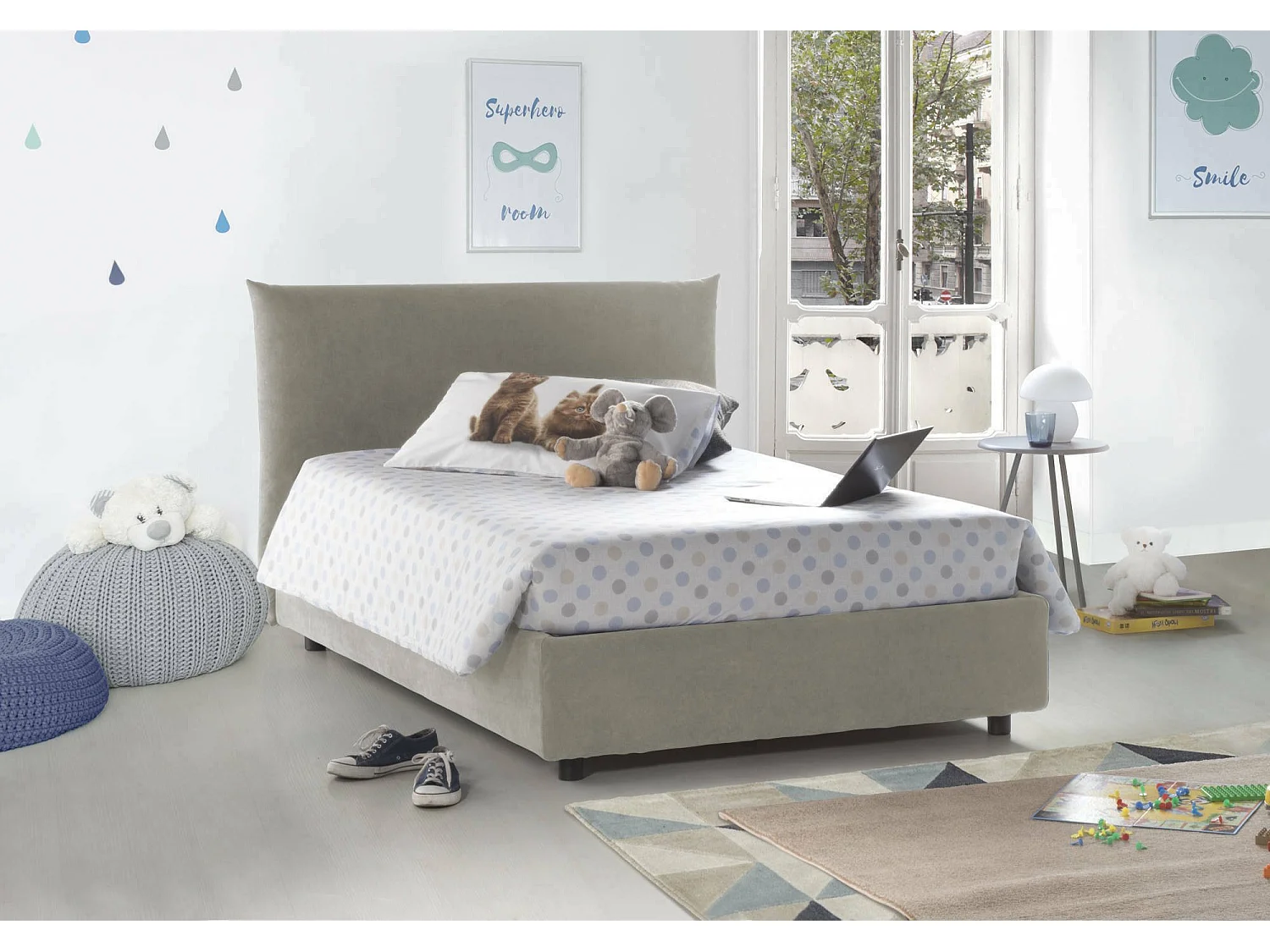 Dbranc tweepersoonsbed, opbergbed met stoffen bekleding, 100% Made in Italy, opening aan de voorkant, inclusief matras 120x190 cm, Beige