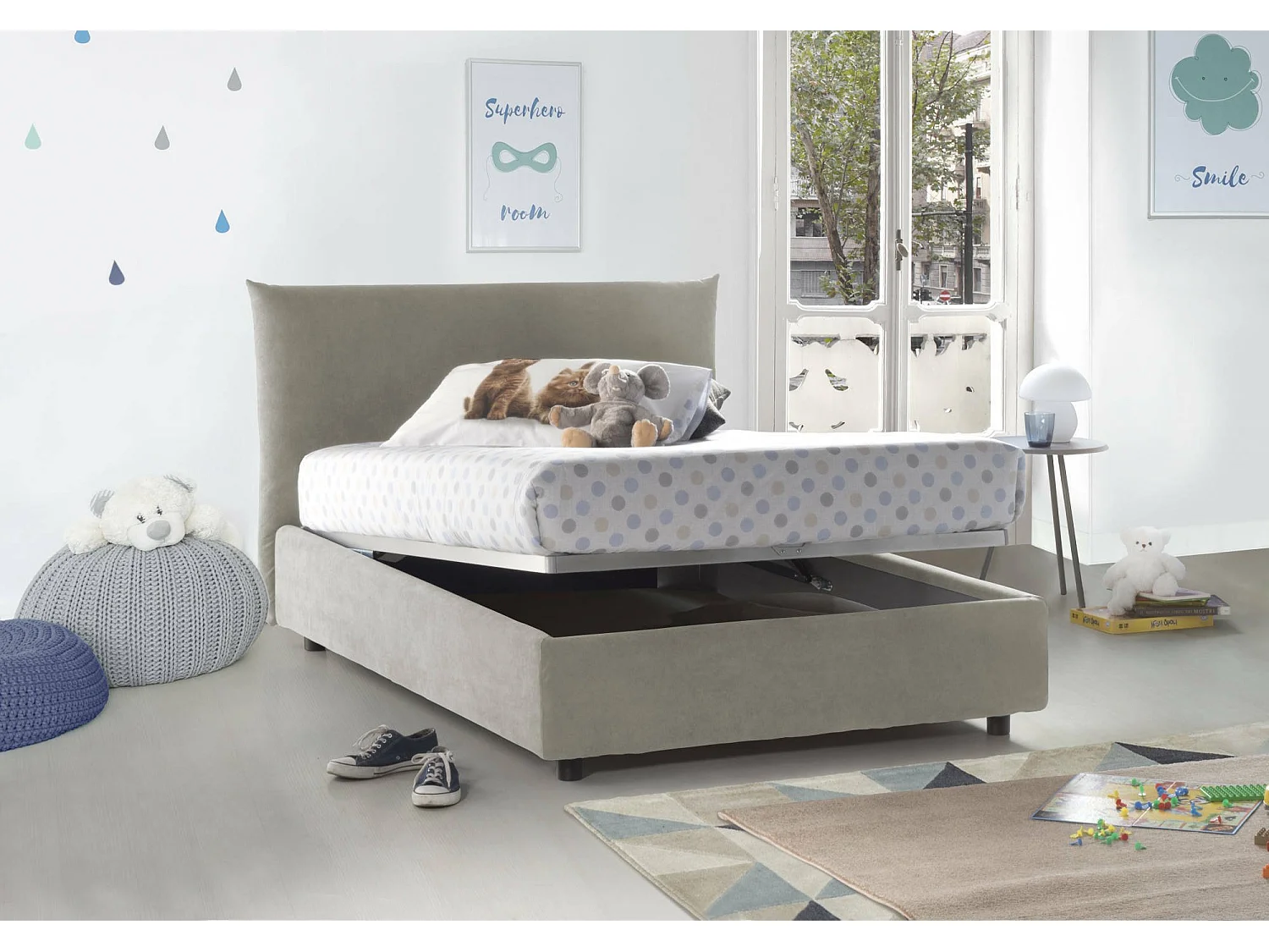 Dbranc tweepersoonsbed, opbergbed met stoffen bekleding, 100% Made in Italy, opening aan de voorkant, inclusief matras 120x190 cm, Beige