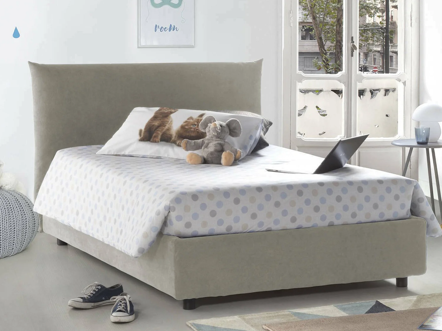 Lit double Dbranc, lit coffre avec revêtement en tissu, 100% Made in Italy, ouverture frontale, avec matelas 120x190 cm inclus, Beige