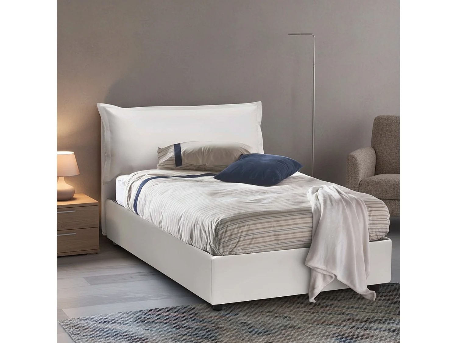Lit queen size Dgarell, Lit coffre avec revêtement en éco-cuir, 100% Made in Italy, Ouverture frontale, avec matelas 120x200 cm inclus, Blanc
