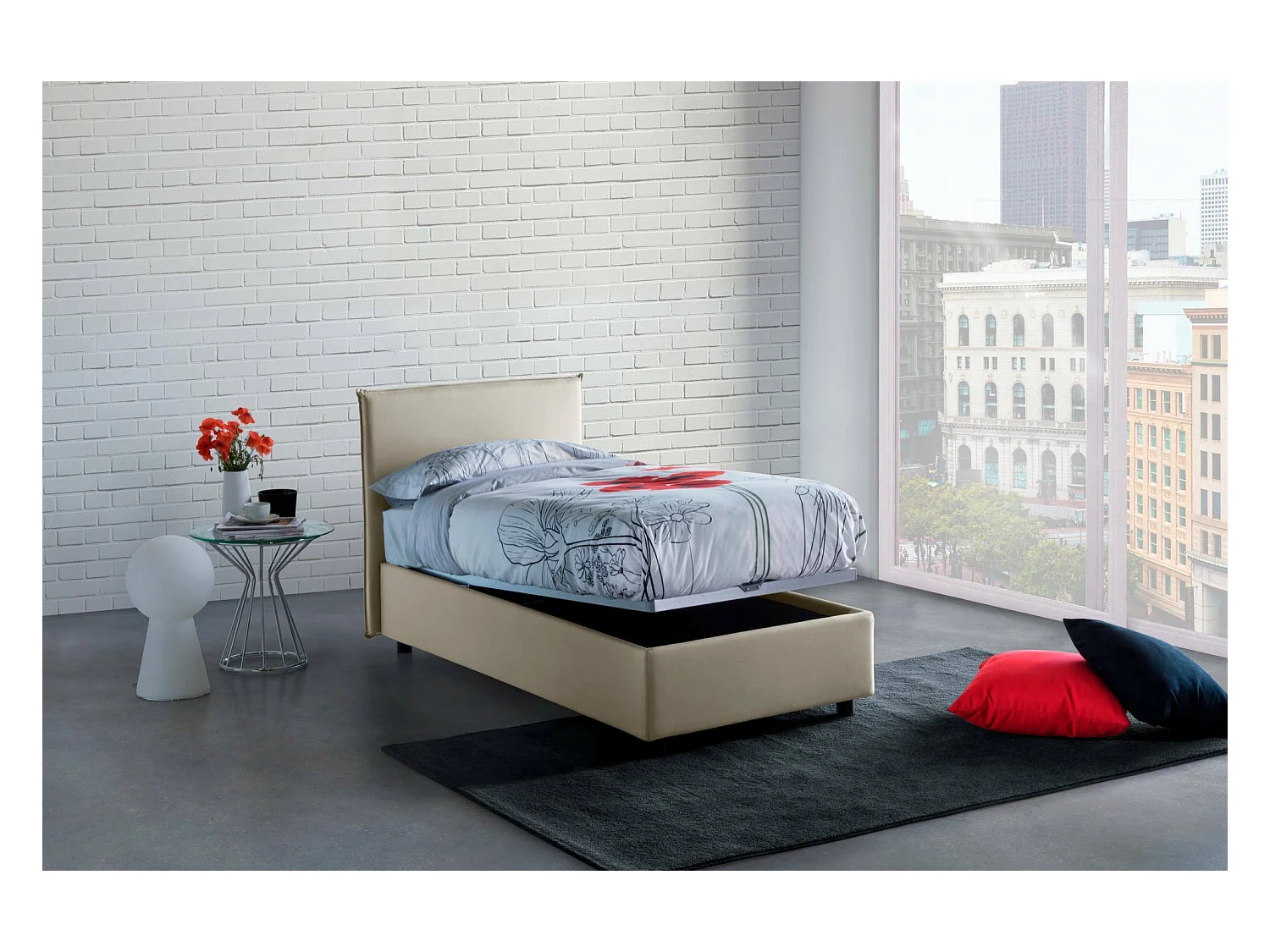 Lit simple Dapuzz, Lit coffre avec revêtement en tissu, 100% Made in Italy, Ouverture frontale, adapté pour matelas 80x190 cm, Beige