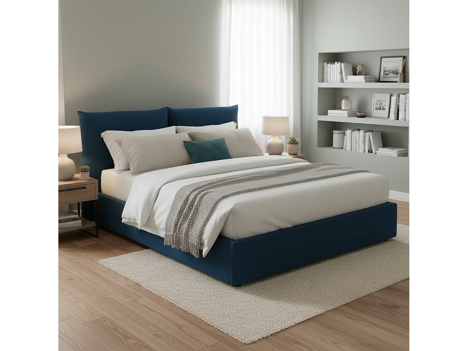 Lit double Ddestr, Lit coffre avec revêtement en tissu, 100% Made in Italy, Ouverture frontale, adapté pour matelas 160x200 cm, Bleu
