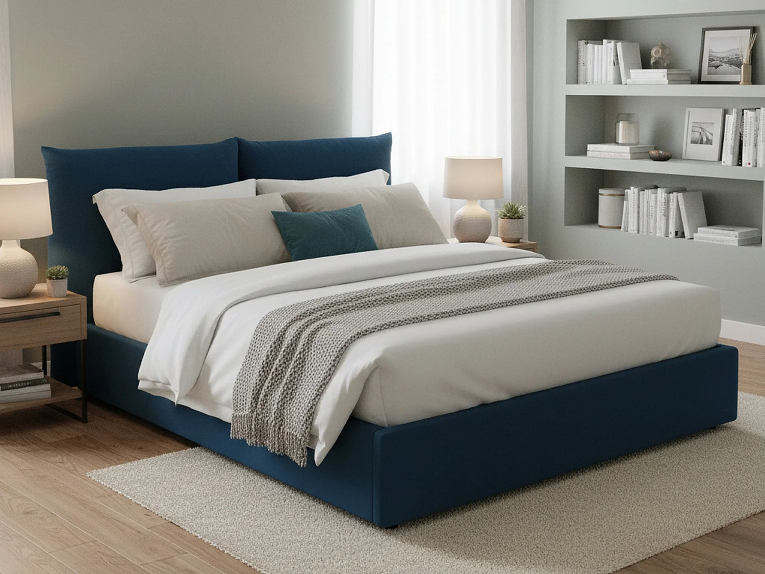 Lit double Ddestr, Lit coffre avec revêtement en tissu, 100% Made in Italy, Ouverture frontale, adapté pour matelas 160x200 cm, Bleu